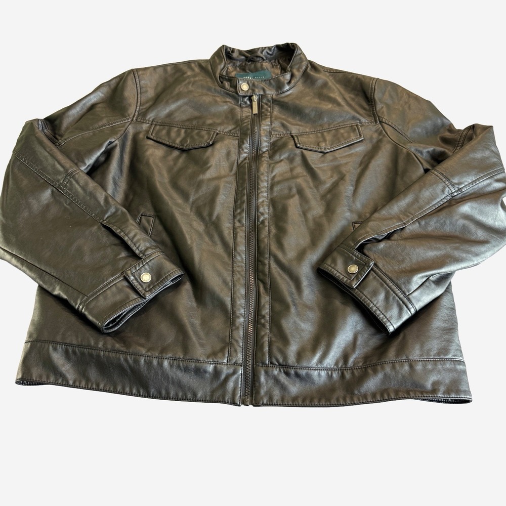 Perry Ellis Men's Black Faux Leather Moto Jacket XL Zip Up Biker Style Classic